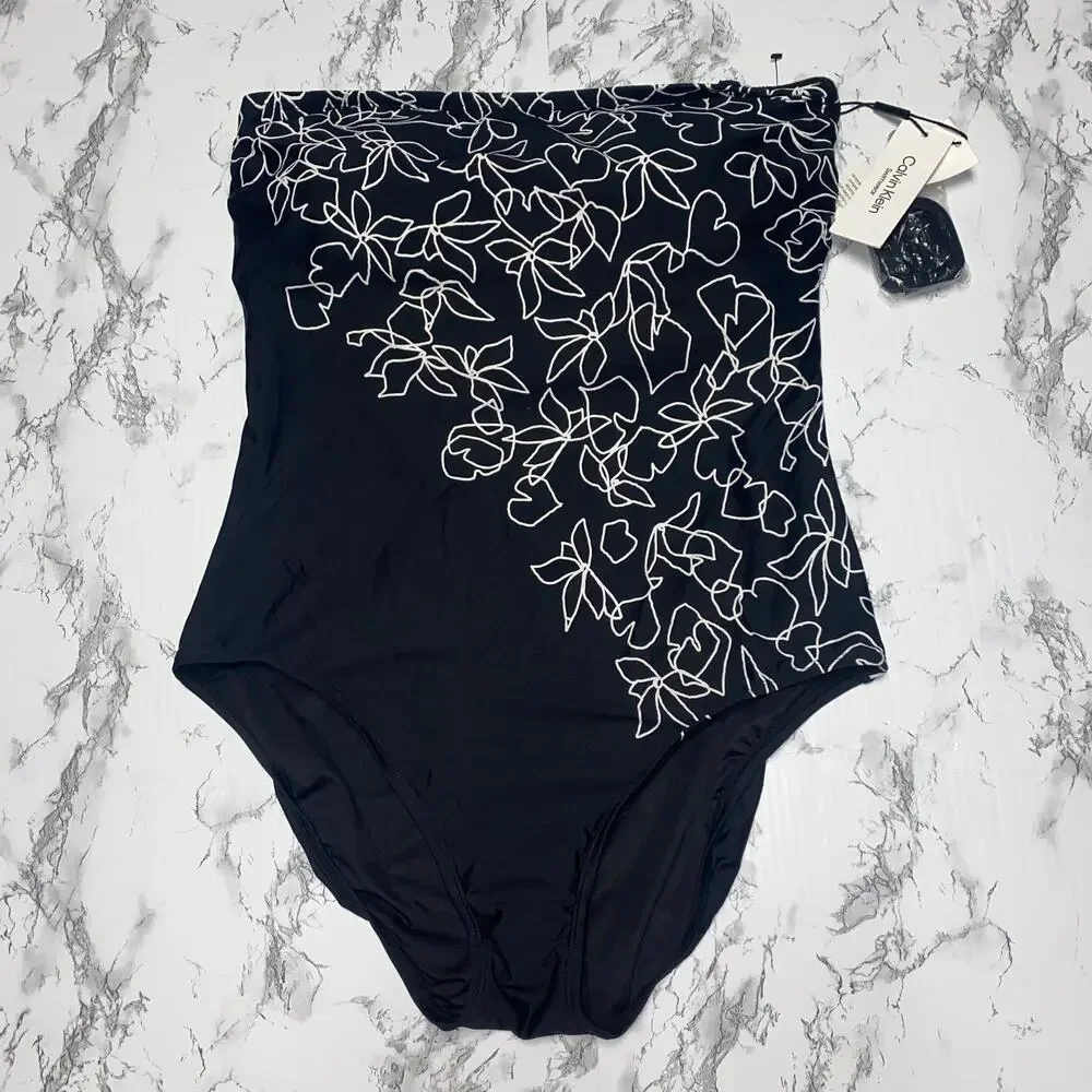 NWT Calvin Klein Black Floral Bandeau One Piece Swim Bathing Suit Womens Size 14